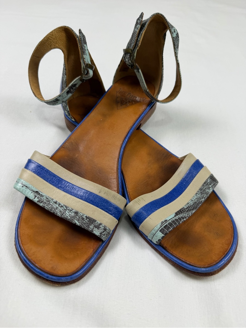 John Fluevog River Urubamba Leather Flat Sandals Blue Tan Ankle Strap Womens 9